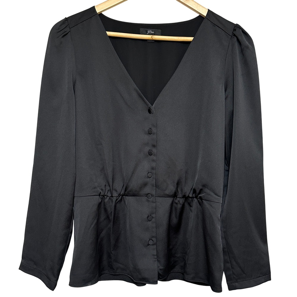 J. Crew Black V-Neck Satin Button Front Blouse